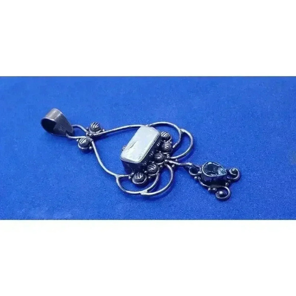 Vintage Pendant 925 Sterling Silver Genuine Pearl & Topaz Large Fancy - Picture 2 of 9